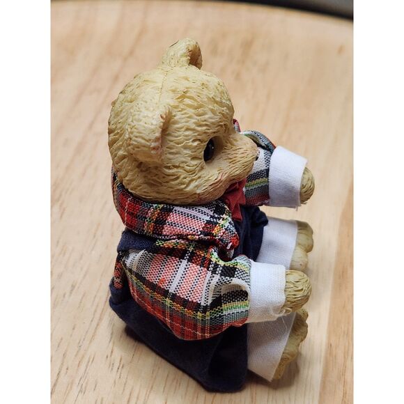 Bear Figurine plaid top small bow sit position - Picture 3 of 8